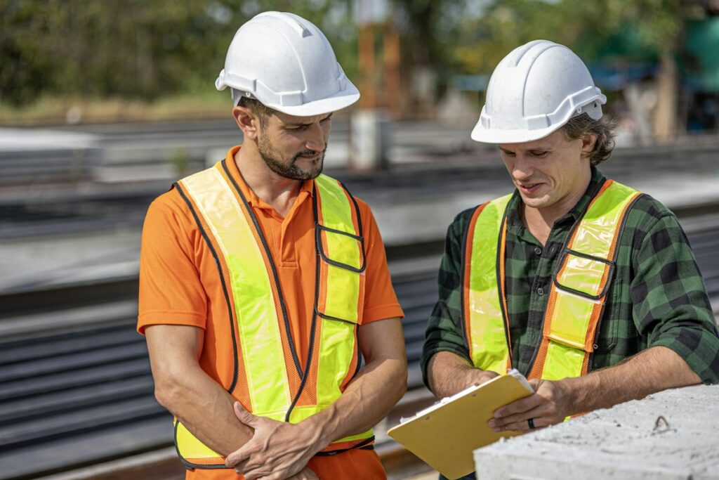 Trabalhadores com equipamentos de segurança